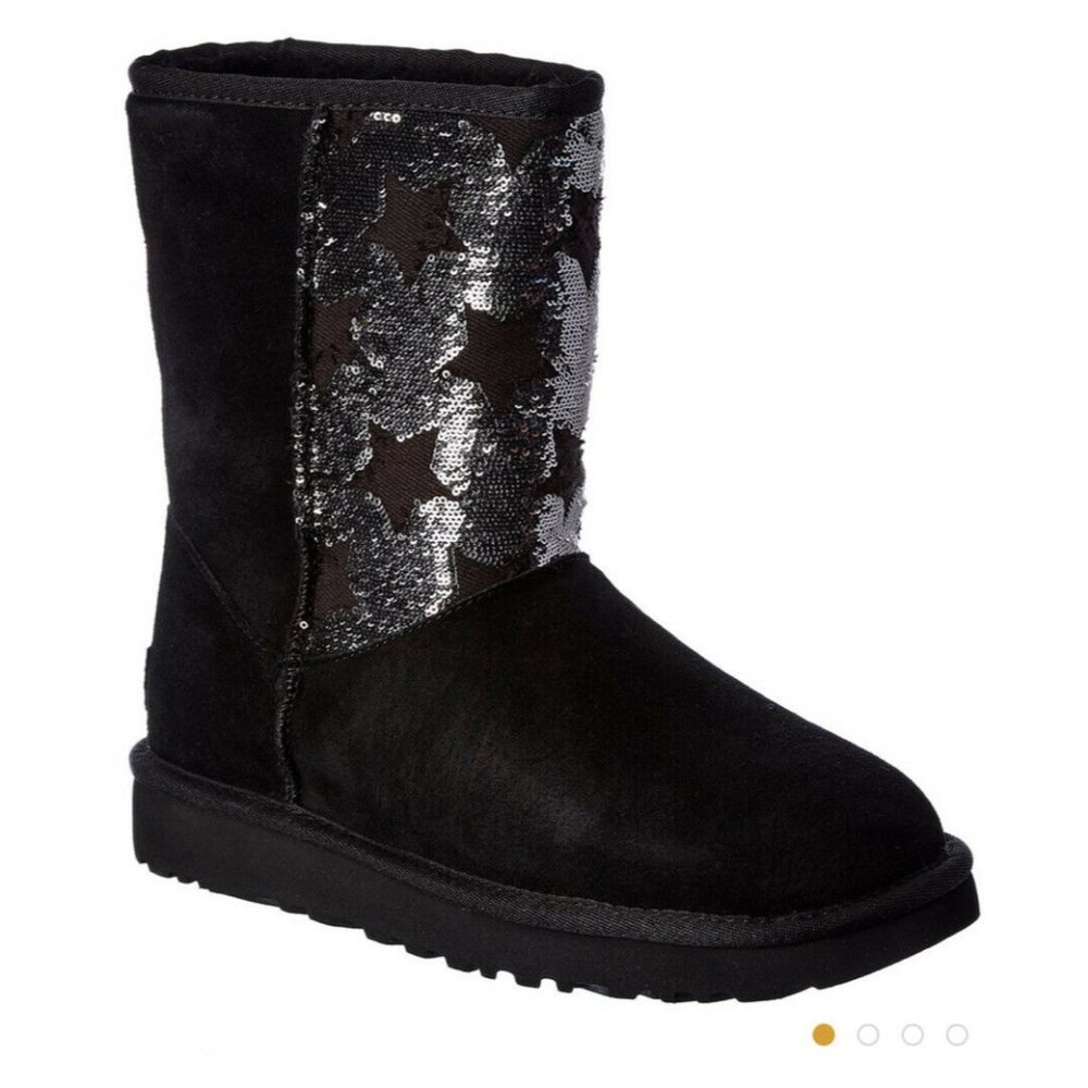 UGG CLASSIC SHORT SEQUIN STARS SPARKLES BLACK BOOTS 7 NEW